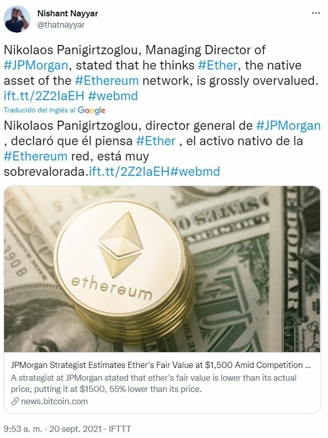 Ethereum tuit sobre JPMorgan 