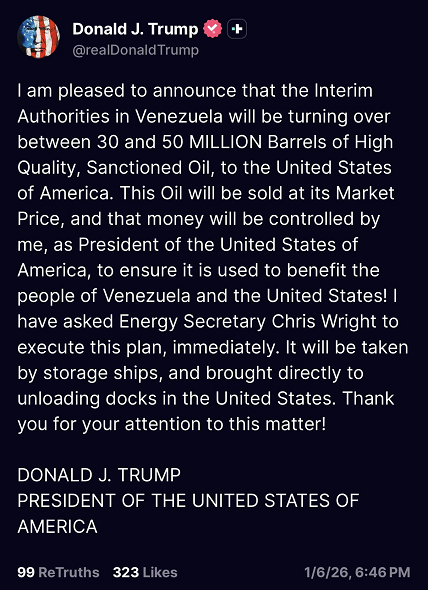 Trump dice que Venezuela entregará hasta 50 millones de barriles de petróleo a EEUU