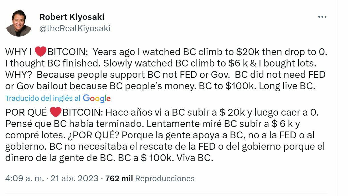 Tuit de Robert Kiyosaki y los 100.000 dólares de Bitcoin