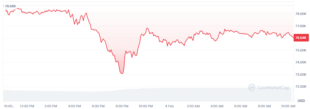 Bitcoin sigue inestable: cae un 2,5% y pone en riesgo los 76.000