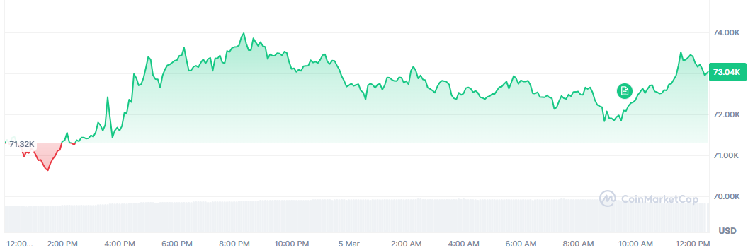 Bitcoin sube un 2,5% en el último día y supera los 73.000