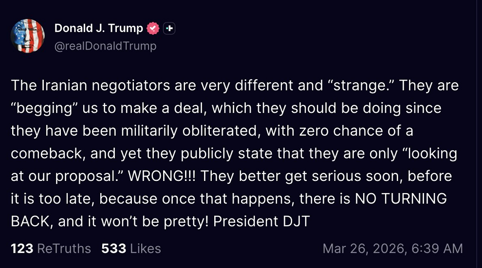 Trump afirma que los negociadores iraníes están "suplicando a Estados Unidos que llegue a un acuerdo" mientras que "declaran públicamente que solo están considerando nuestra propuesta"