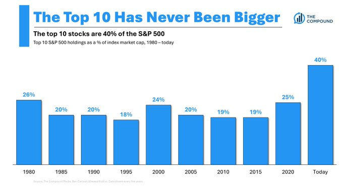 Las 10 principales acciones han representado, desde 1980, entre el 20% y el 25% del S&P 500; ahora representan el 40%