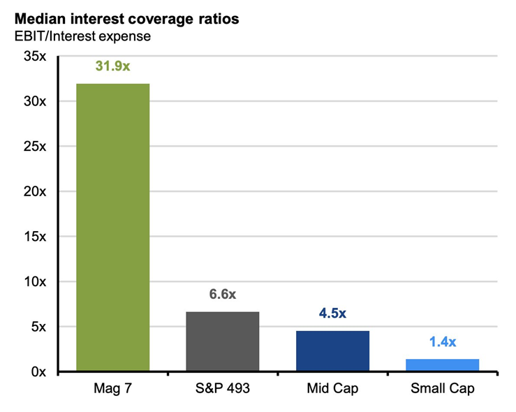 En comparación con las 7 Magníficas, muchas empresas del S&P 500, así como las de mediana y pequeña capitalización, tienen menos capacidad para absorber el aumento de los gastos por intereses